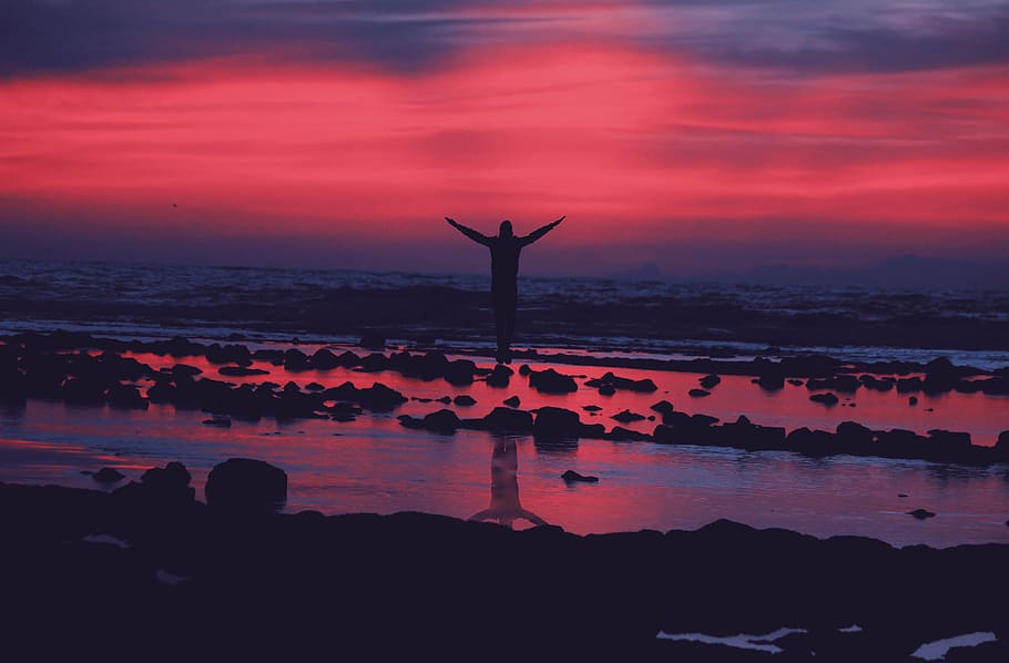 pessoa, em pé, beira mar, levantando, mãos, mar, oceano, água, ondas, natureza
