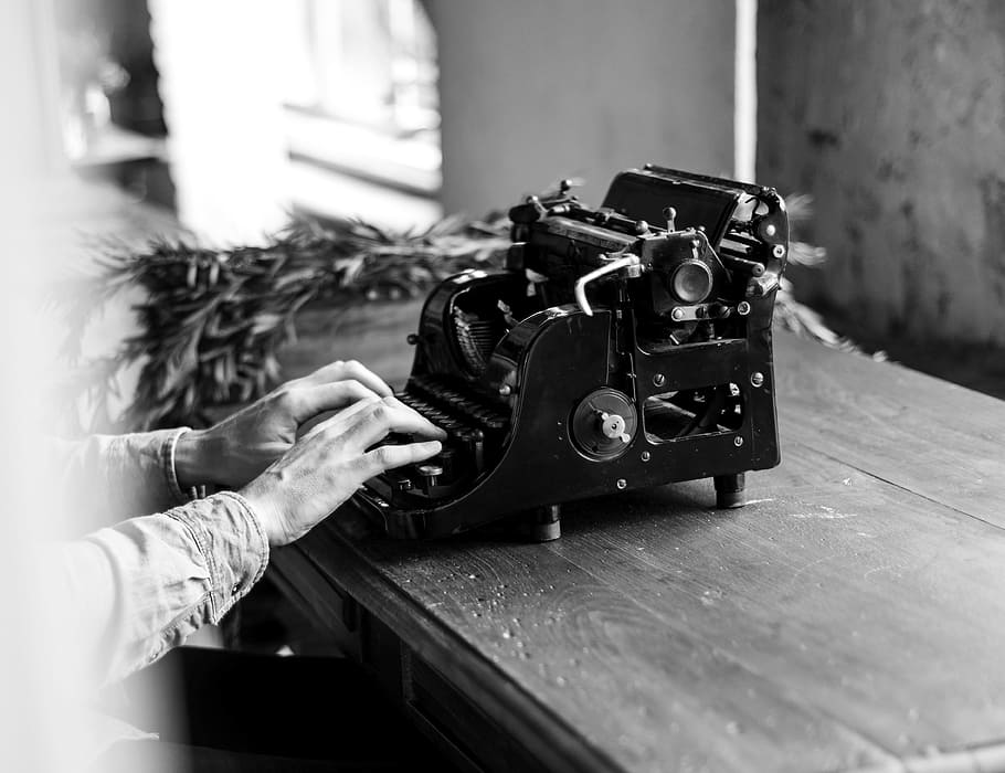 grayscale photo, person, using, typewriter, alphabet, ancient, antique, black, buttons, classic