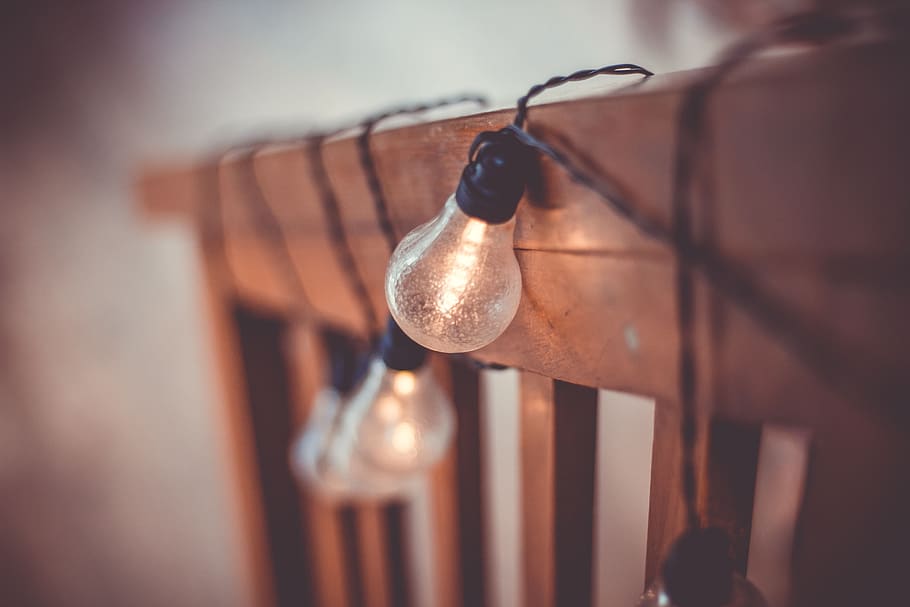 wooden, furniture, wire, light, bulb, hanging, lighting equipment, metal, focus on foreground, close-up