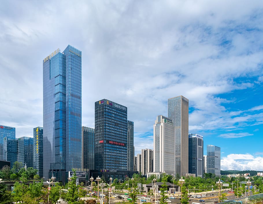 white cloud, stratus, cirrus, building, skyscraper, office, bank, enterprise, china, guizhou