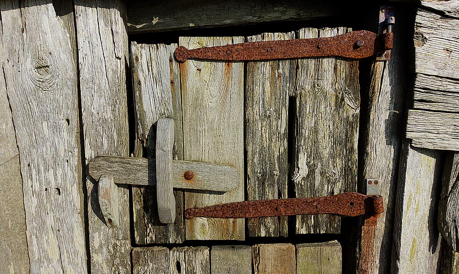 Puerta, viejo, escotilla, rústico, pestillo, madera, bisagra, oxidado, deteriorado, desgastado
