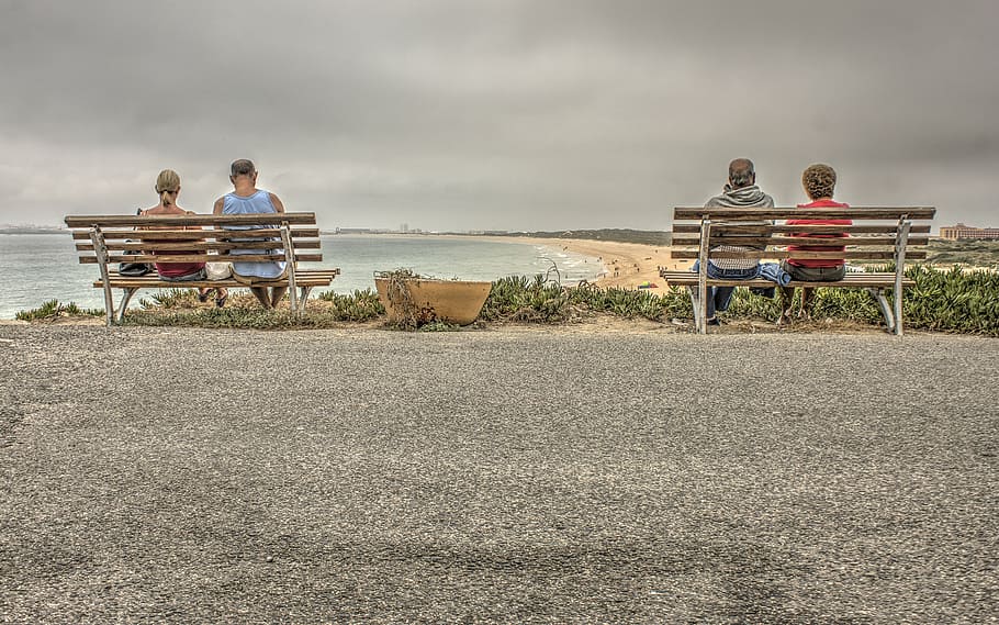 four, person, sitting, two, benches, beach, bench, chair, coastline, couple