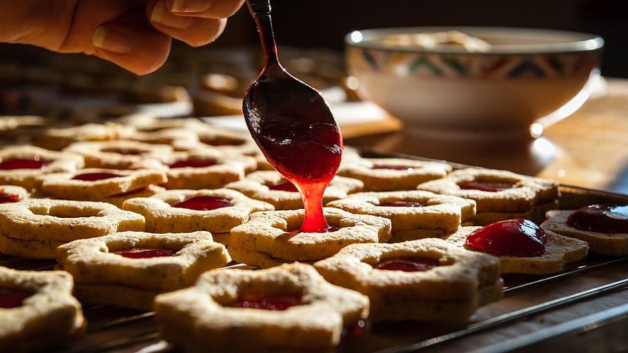 person, putting, syrup, cookies, christmas cookies, jam, spoon, christmas, homemade, delicious