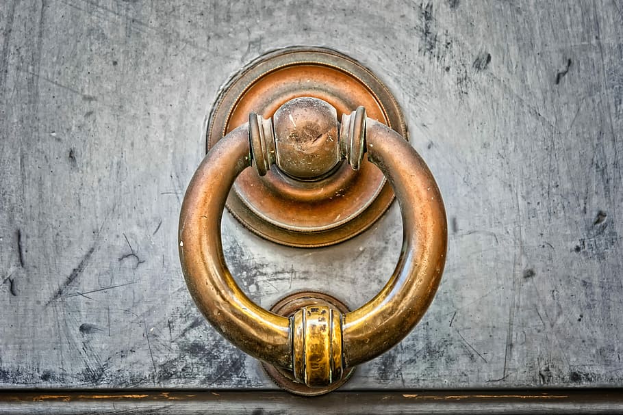 close-up photo, brass-colored door knocker, door, thumper, copper, metal, antique, handle, doorknocker, tap