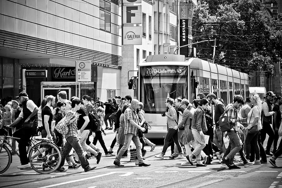 grayscale photography, city tram, road, tram, city, traffic, downtown, rail, streetscape, black white