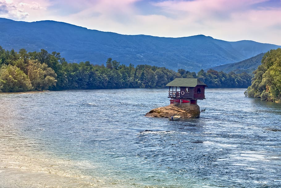 serbia, drina river, small house, river, landscape, nature, rock, summer, vacation, water