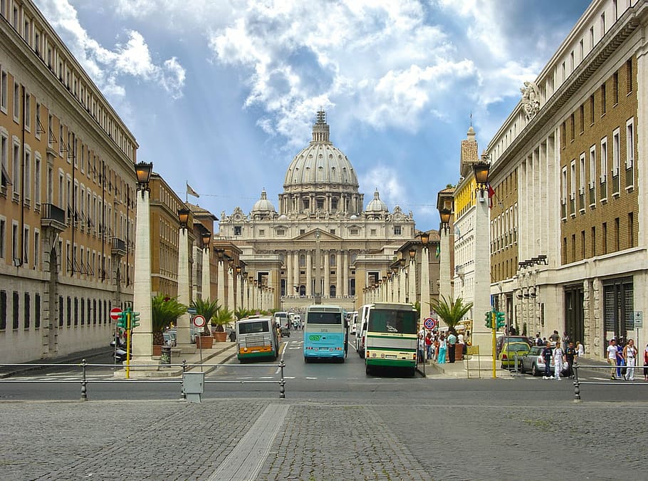 scenery, landmark structure, rome, st peters, saint peters, vatican, city, italy, italian, busses