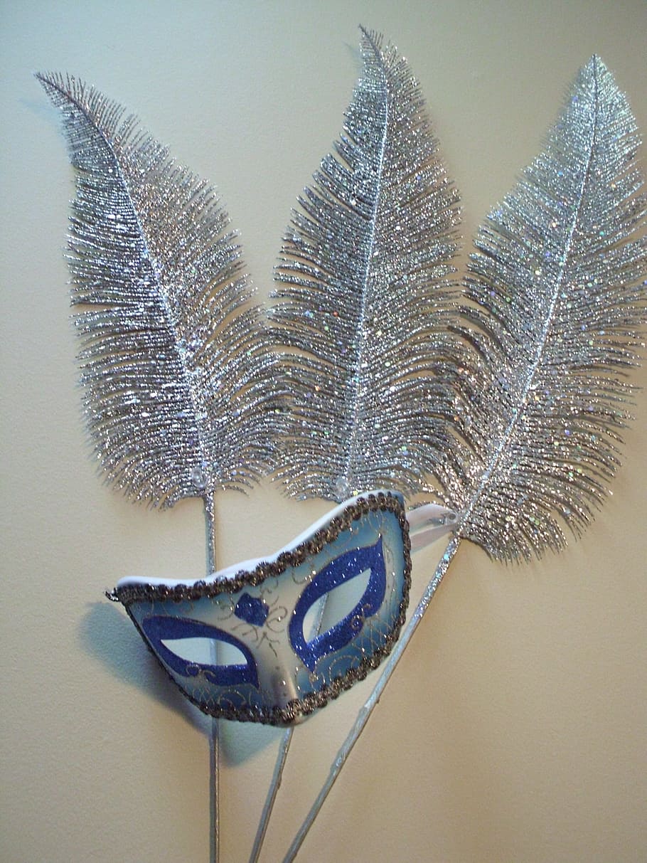 volto mask, gray, feathers, mask, masquerade, sliver, glitter, blue, close-up, indoors