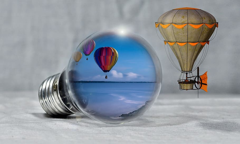 hot, air balloons, displaying, light bulb, balloon, pear, coast, sea, energy, airship