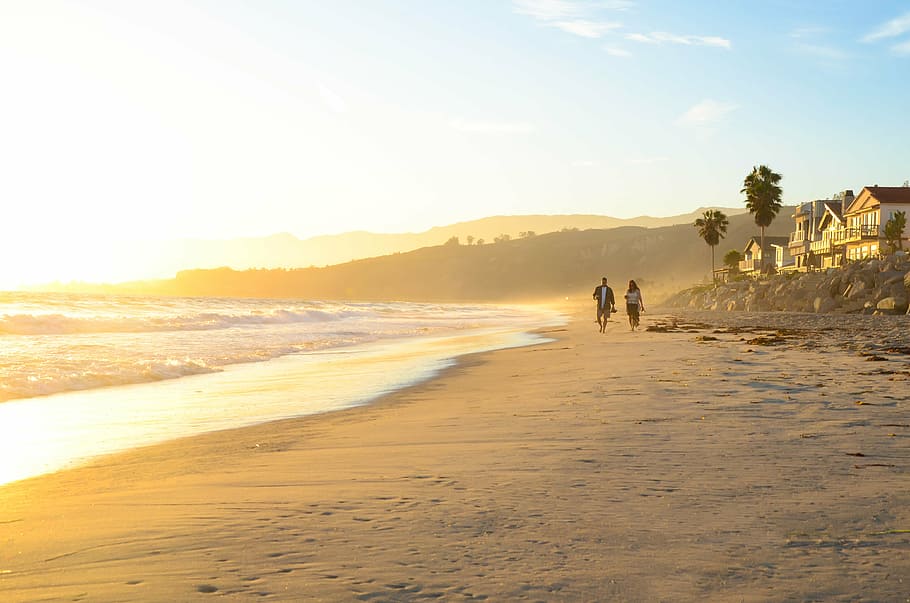 two, person, walking, beach, los angeles, peace, couple, sunset, land, sky