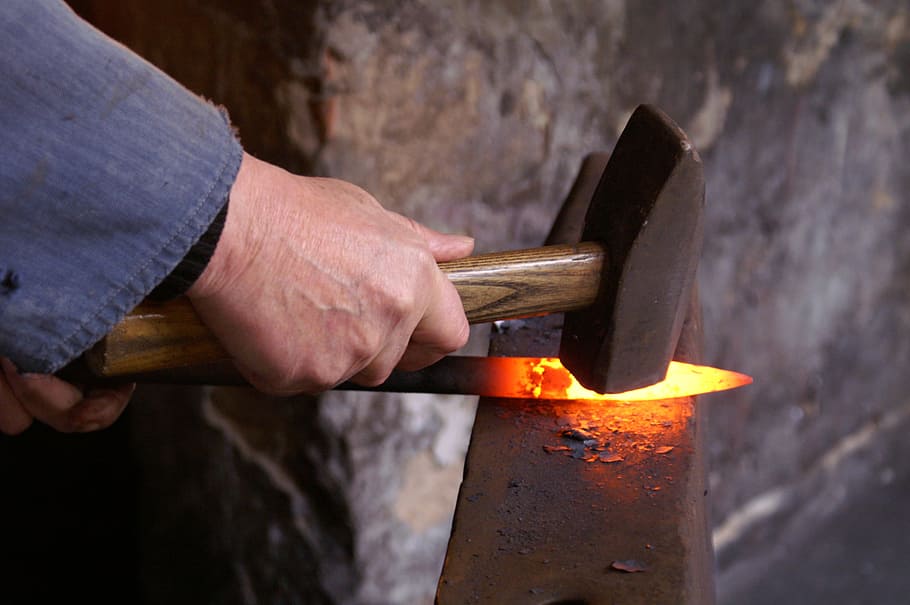 blacksmith holding hammer, forge, craft, hot, form, iron, blacksmith, blacksmithing, glow, steel