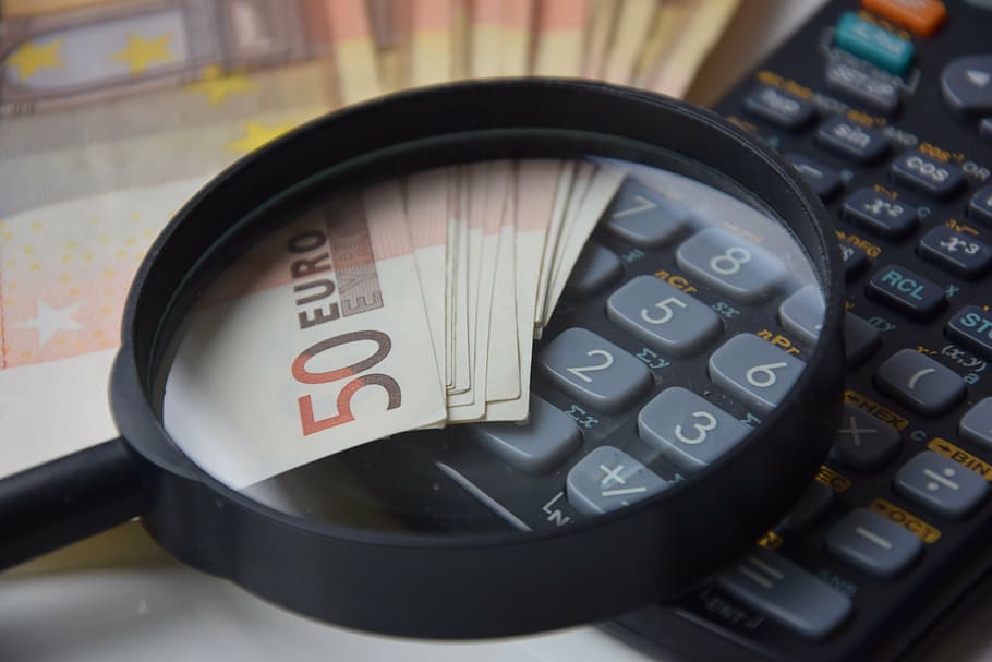 magnifying, glass, top, black, desk calculator, 50 euro banknotes, application, money, monetary calculator, calculator