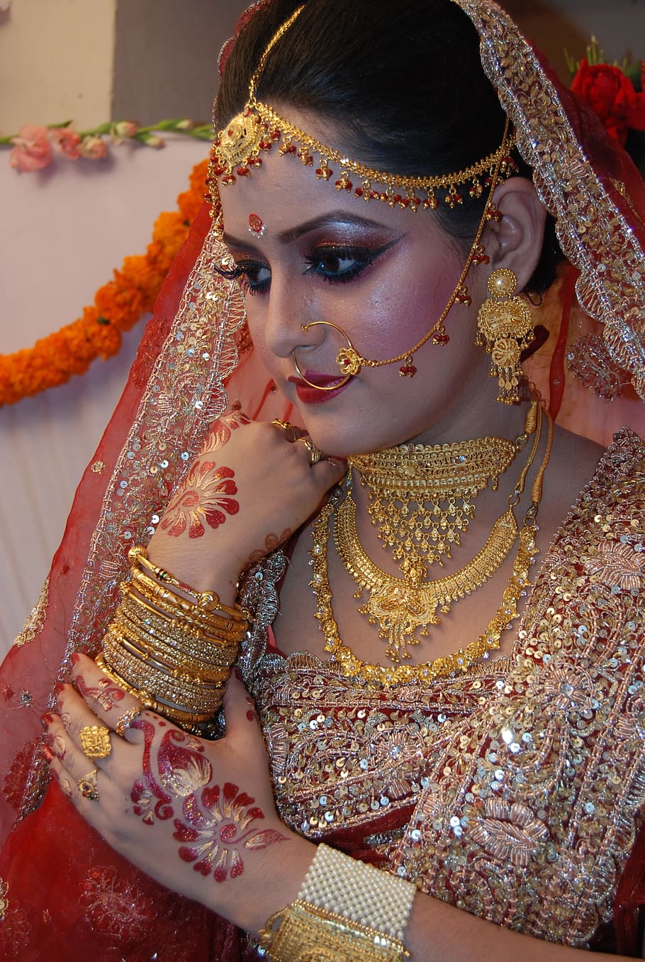 wearing, red, beige, floral, dress, Bride, Wedding, Bangladesh, Cute, Woman
