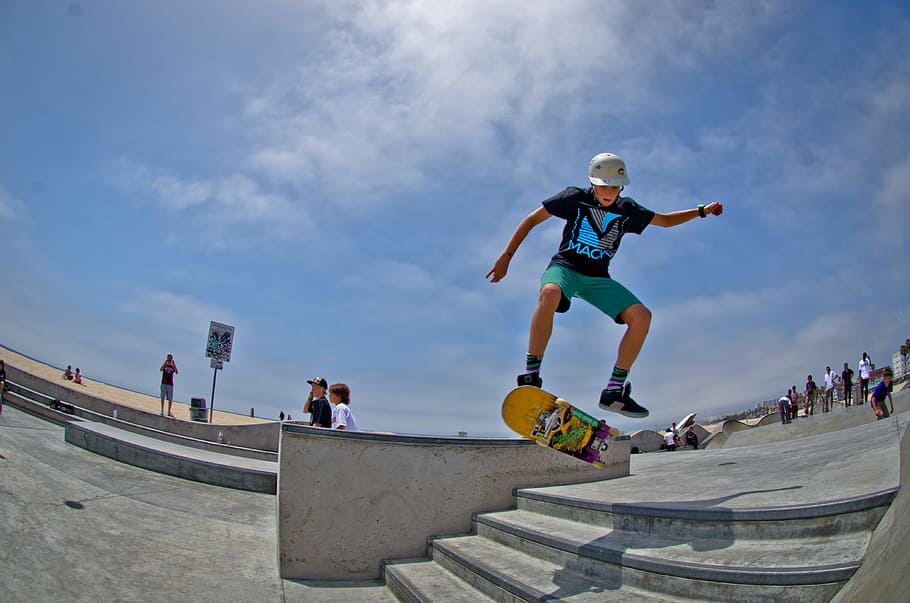 manusia, naik, skateboard, taman skate, skater, anak laki-laki, setengah pipa, melompat, tangga, langit