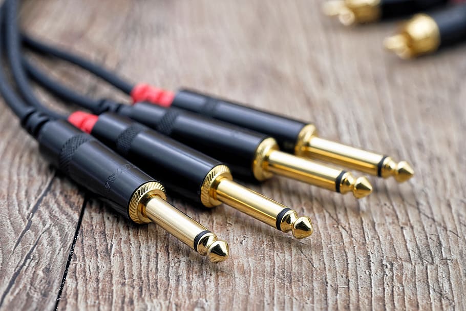 jack, plug, connection, cable, audio cable, hifi, music, table, close-up, wood - material