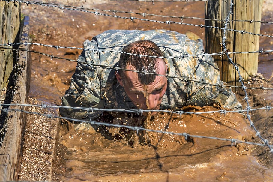 man, crawling, mud, barbwire, challenge, soldier, military, male, water, strength