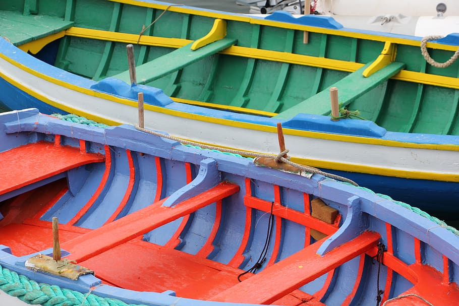 malta, boats, marsaxlokk, fishing boats, paint colour, mediterranean, maltese, bay, blue, fishing