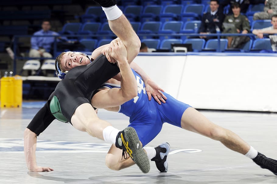two, men, playing, wrestling, inside, ring, wrestlers, college, males, athletes