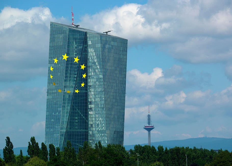 ecb, ヨーロッパの中央銀行, 超高層ビル, ガラスのファサード, 建物, フランクフルト, 建築, ファサード, 空, ガラス