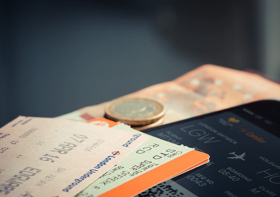 ticket cards, coin, focus photo, still, items, things, passes, boarding, plane, tickets