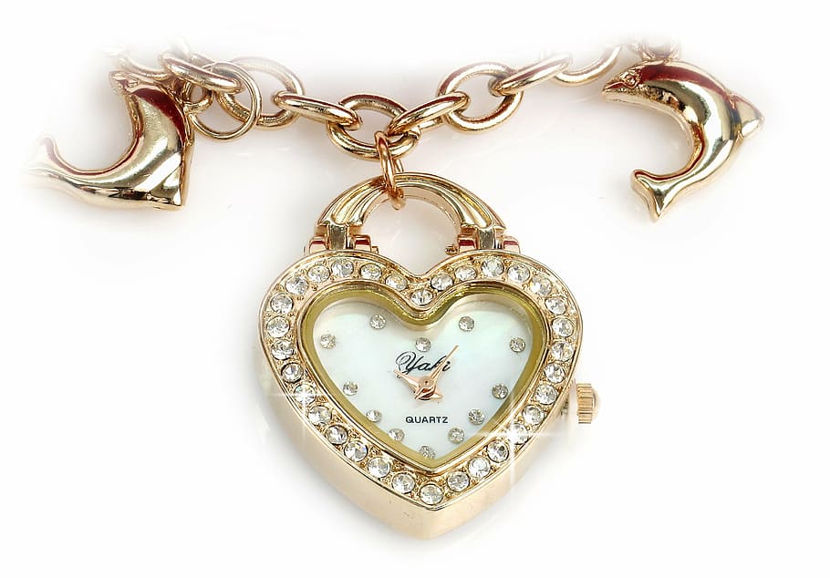 dorado, claro, piedra preciosa, incrustado, colgante de corazón, reloj, reloj de pulsera, pulsera, pulsera de oro, joyería