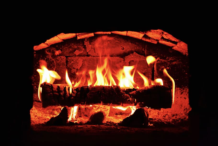 火, オーブン, ホット, トラディショナル, レンガ, 暖炉, 木, 古い, 石, 炎