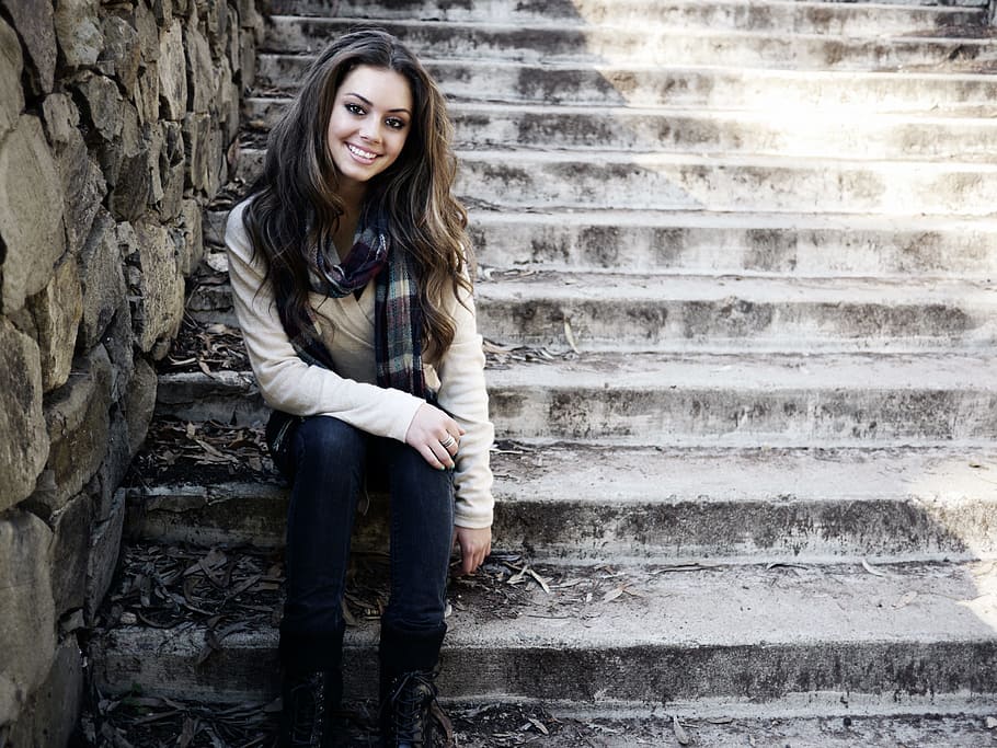 woman seating, stair, sitting, stairs, girl, woman, smile, happy, scarf, jeans