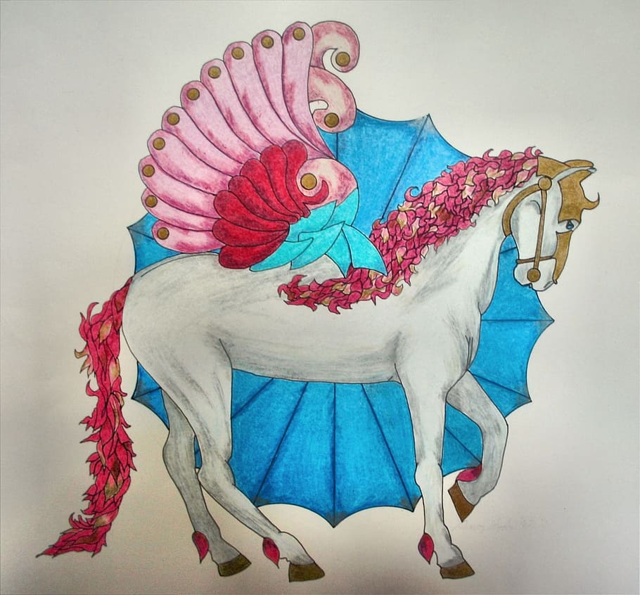 pencil sketch, white, horse, wings, winged, animal, mandala, colored, pencil, drawing
