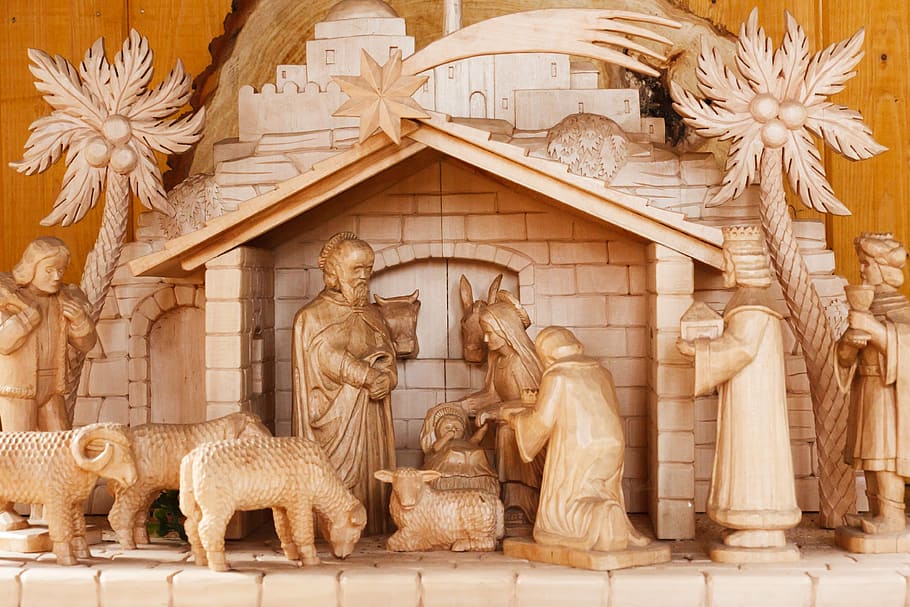 estatueta de cena da natividade de jesus, conjunto, bebê, belém, bíblia, cristo, natal, berço, fé, santo