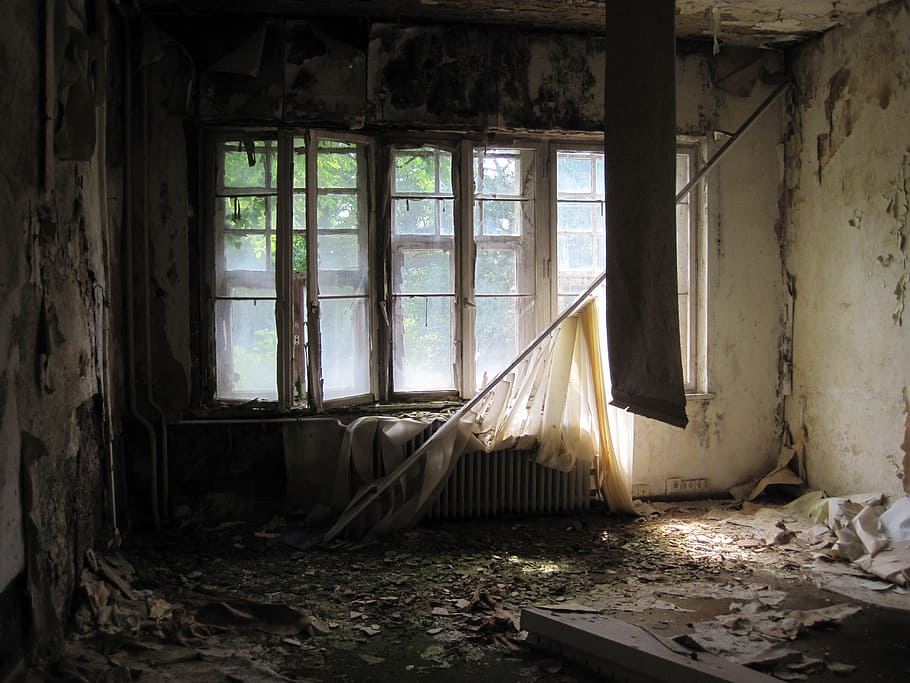 photography, white, curtain rod, wooden, windowpane, room, window, old, broken, dirty