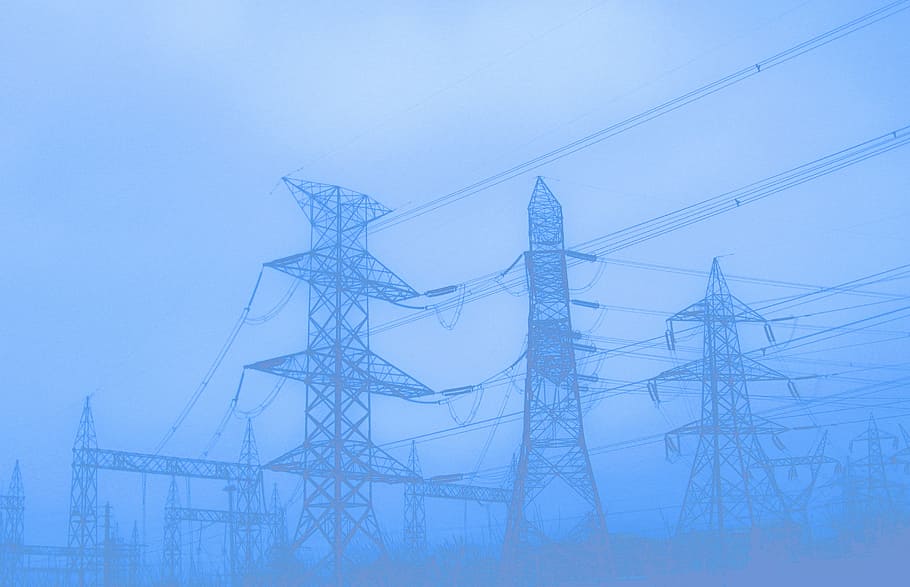 black, steel, electric, posts, fog, pylons, utility poles, electricity, power, voltage