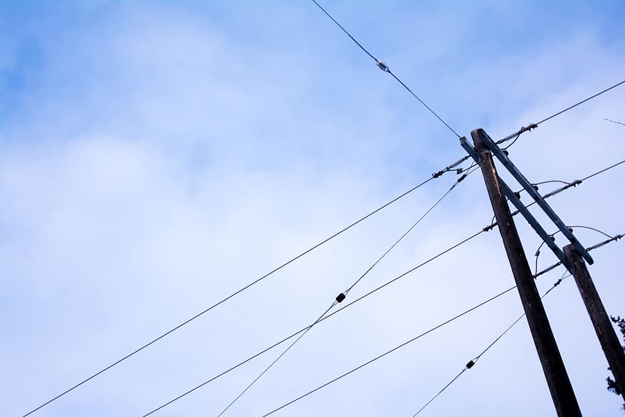 power lines, electrical, hydro, blue, cable, electricity, connection, technology, low angle view, sky
