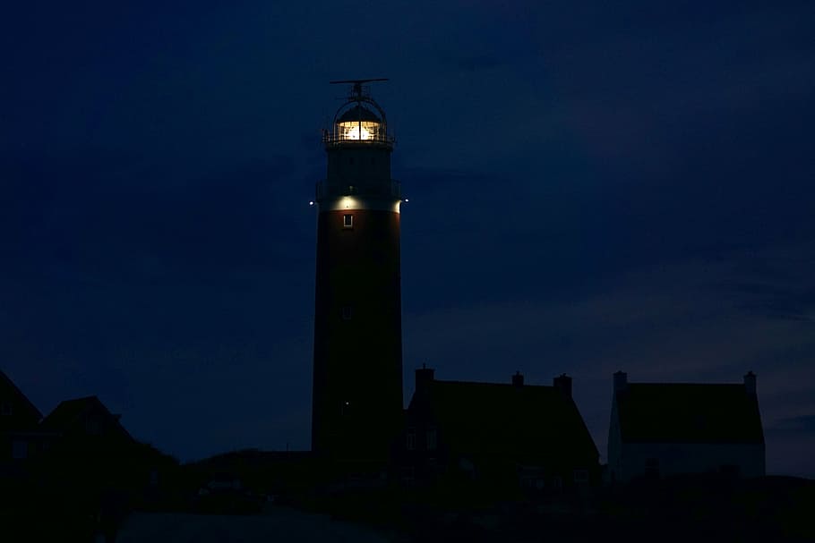 lighthouse, texel, beacon, holland, netherlands, night, light, dark, romantic, sky