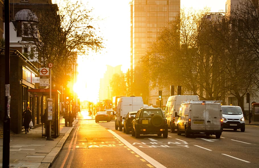 kendaraan, jalan, bangunan, matahari terbenam, pagi, matahari emas, kuning, matahari, kota, perkotaan