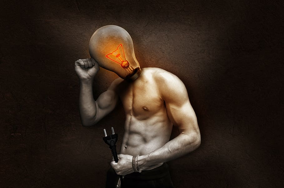 man, bulb head, holding, 2-prong, 2- prong cable, light bulb, current, light, glow, glow lamp