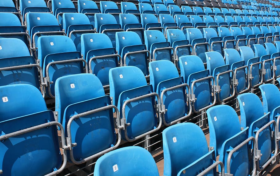 stadium, chairs, blue, area of amateur, seat, in a row, chair, absence, repetition, empty
