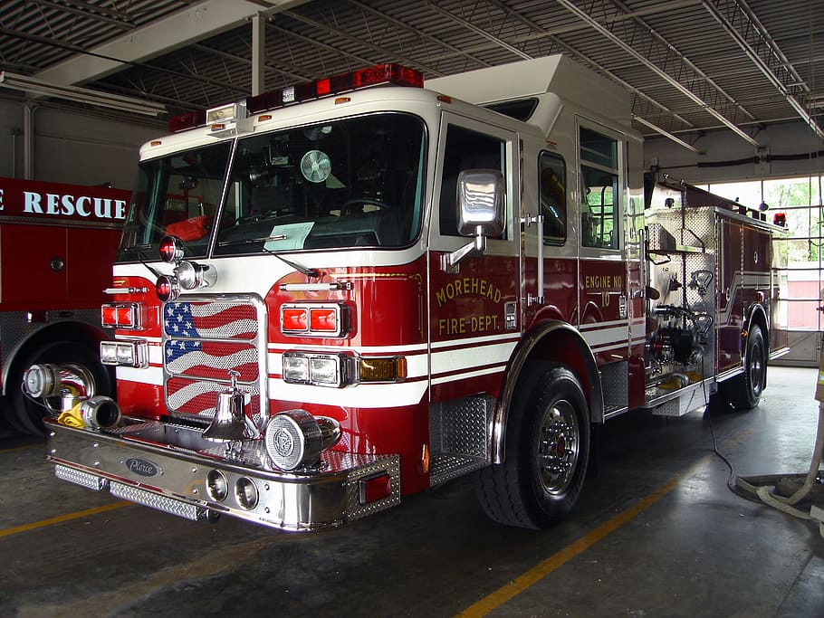 morehead firetruck, parked, inside, garage, fire, engine, truck, vehicle, station, ladder