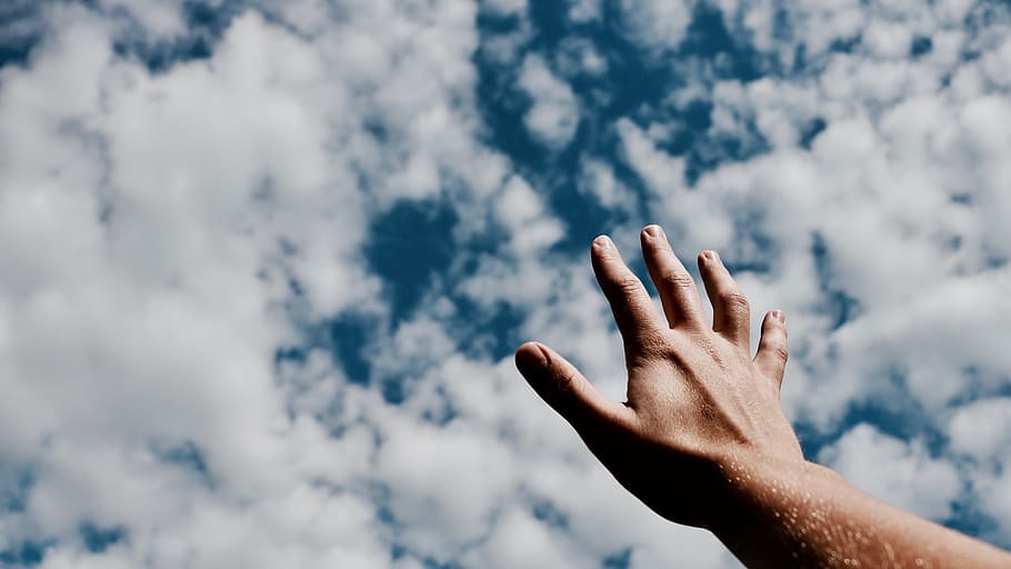 person, raising, right hand, blue, sky, hands, fingers, arm, cloudy, human body part