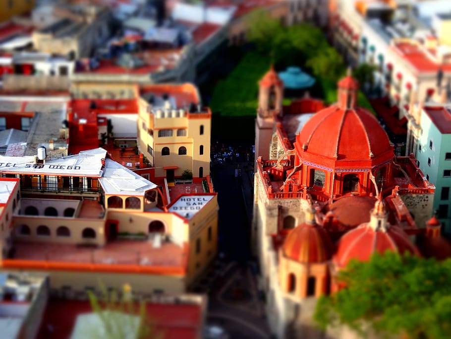 aerial, view, church, daytime, mexico, landscape, world heritage site, unesco world heritage site, miniature, selective focus