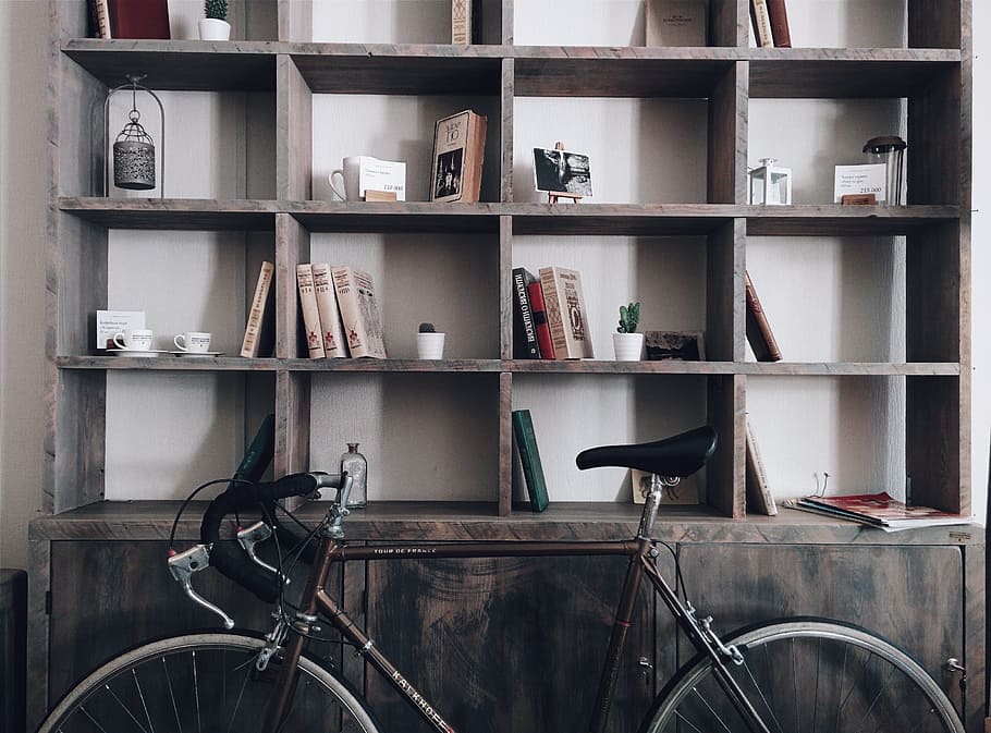 brown, black, road bike, bicycle, shelves, shelf, books, home, house, storage