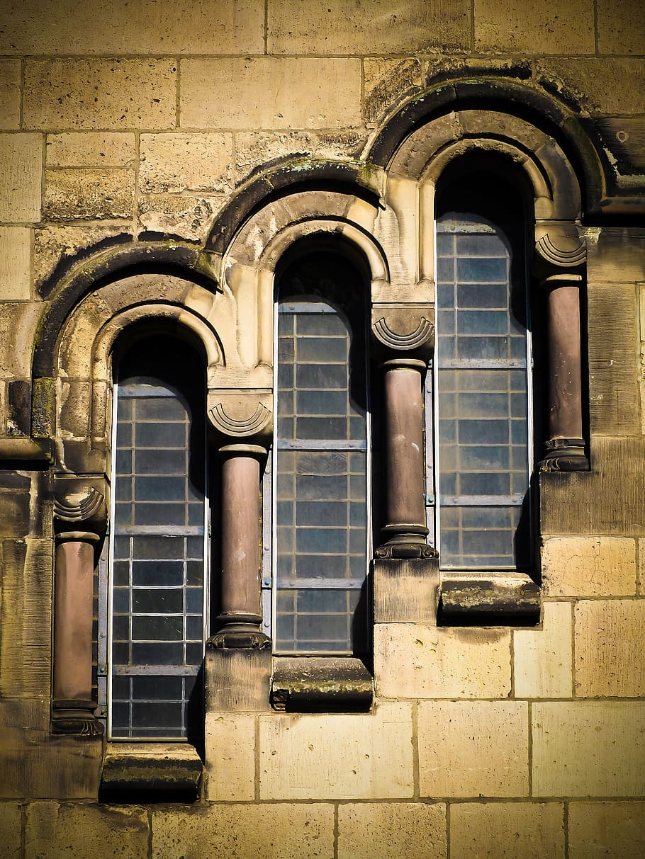 three, windows, concrete, building, window, architecture, old window, facade, church, glass
