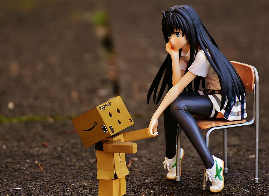female, anime character, shaking, hand, amazon danbo cardboard, girl, sad, danbo, consolation, chair