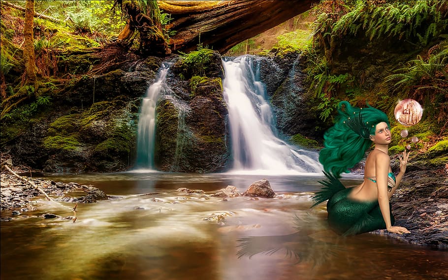 mermaid on river, mermaid, fantasy, siren, fairy tales, background, mystical, magic, atmosphere, mythical creatures