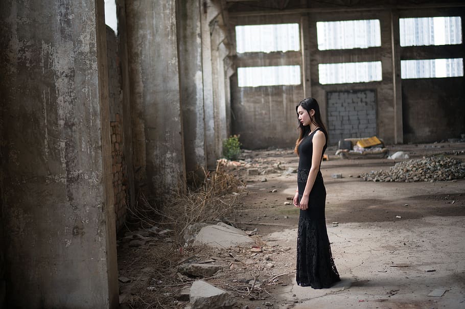 black skirt, girls, wearing a black skirt girl, the girl in the ruins, young adult, one person, young women, women, standing, full length