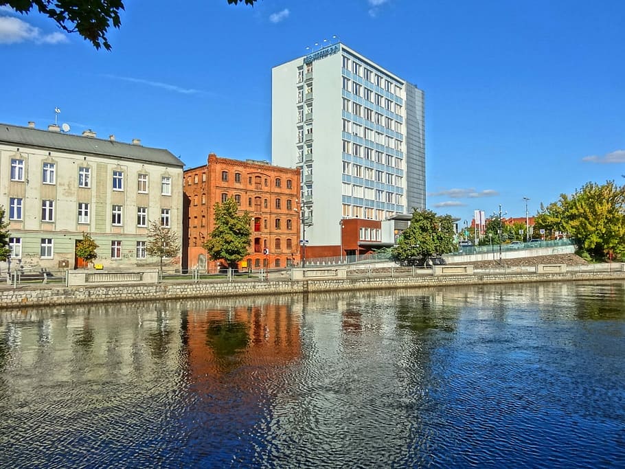 Bydgoszcz, Waterfront, Embankment, Canal, río, urbano, edificios, Polonia, exterior del edificio, arquitectura