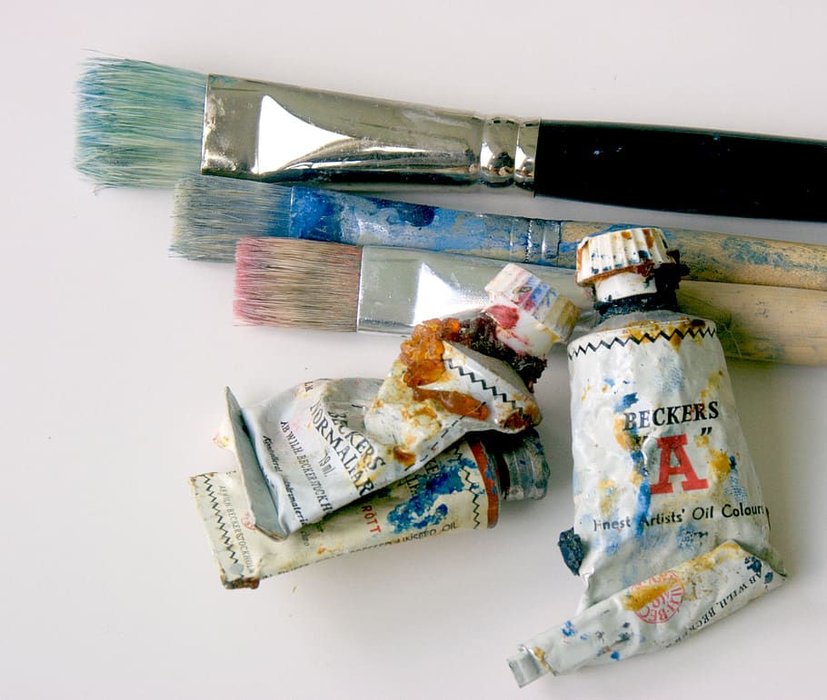 paint, art, color, brush, oil, tubes, indoors, food and drink, paintbrush, food