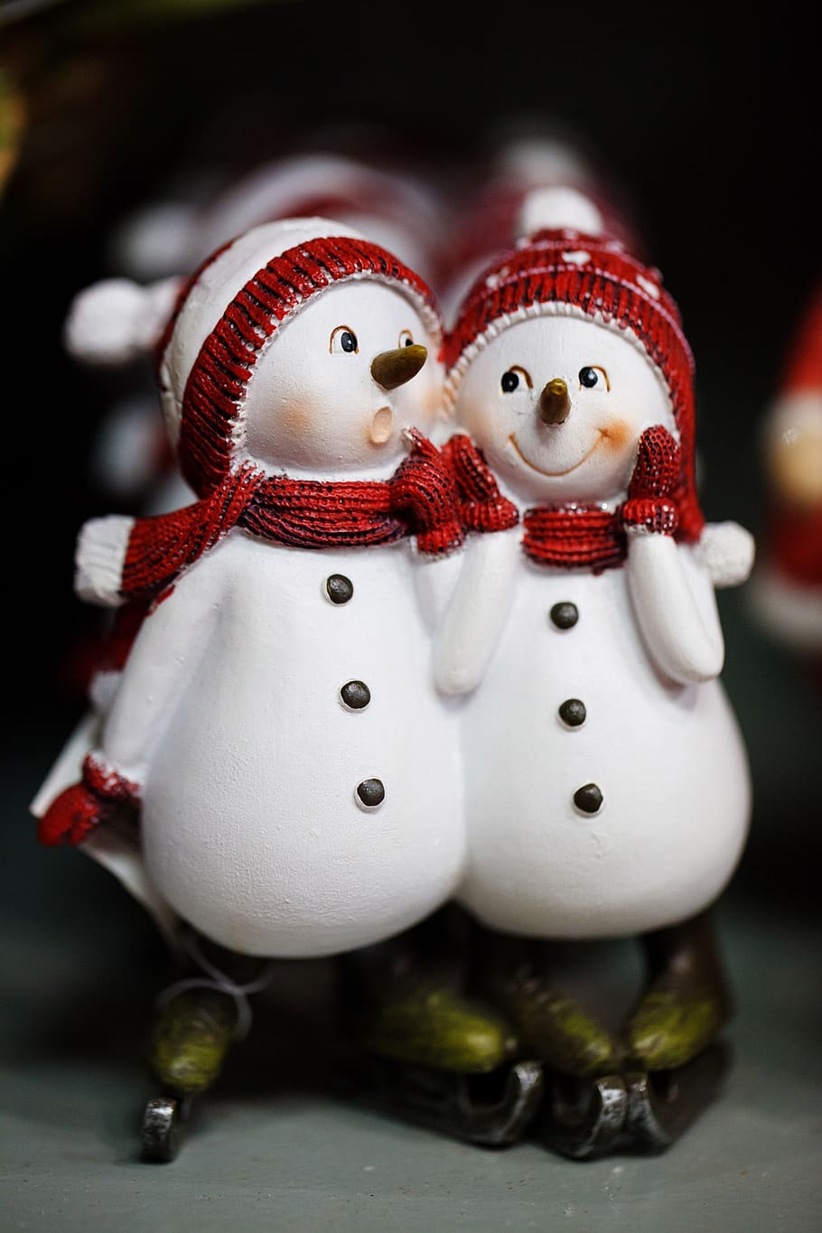 selectiva, fotografía, pareja de muñeco de nieve, muñecos de nieve, celebración, navidad, frío, pareja, lindo, decoración