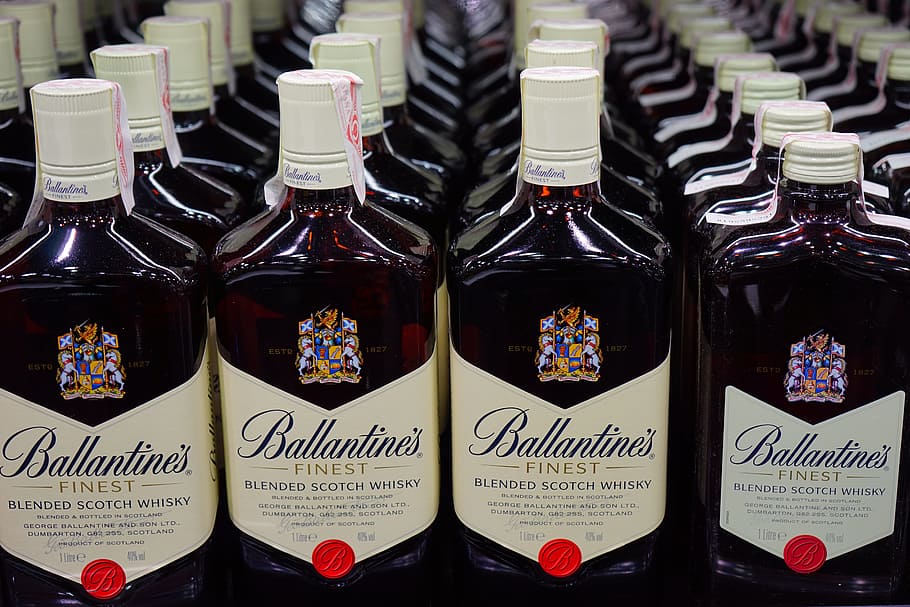 lined, ballantines, finest, scotch whiskey bottles, scotch whisky, scotch, whisky, ballantine, blended scotch whisky, drink