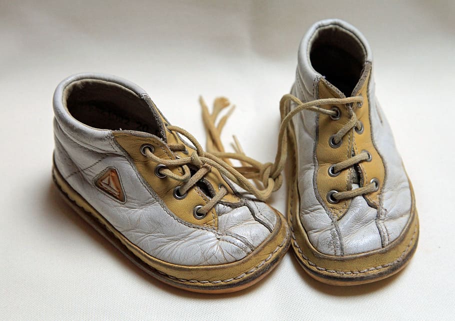 pair, white-and-brown leather lace-up shoes, children's shoes, shoes, child, baby shoes, children's clothing, worn, old, leather shoes