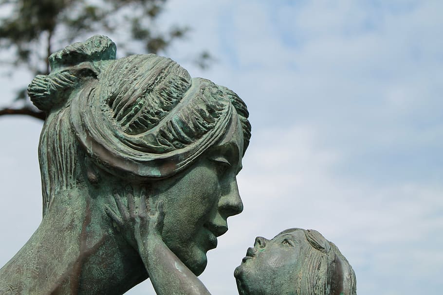 mãe, estátua de criança, criança, escultura, figura, família, coesão, estátua, ternura, confiança